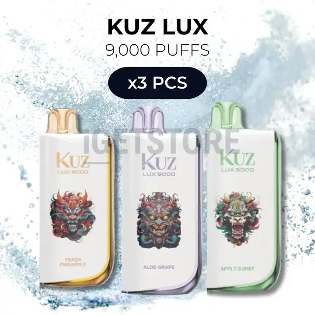 Kuz Lux vape pods with 9,000 puffs, featuring Peach Pineapple, Aloe Grape, and Apple Burst flavours.