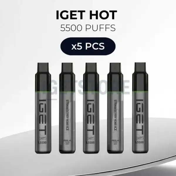 IGET Vapes 5-pack with 5500 puffs, strawberry mint ice flavour, compact design.