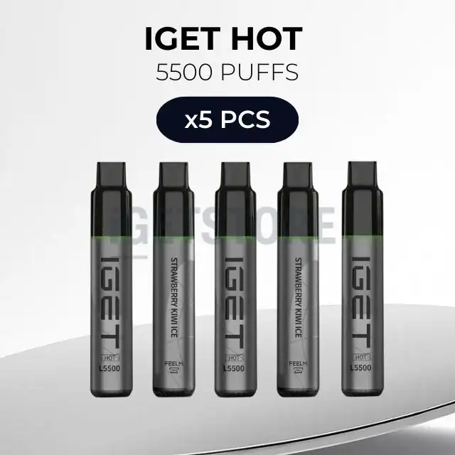 IGET Vapes 5-pack with 5500 puffs, strawberry mint ice flavour, compact design.