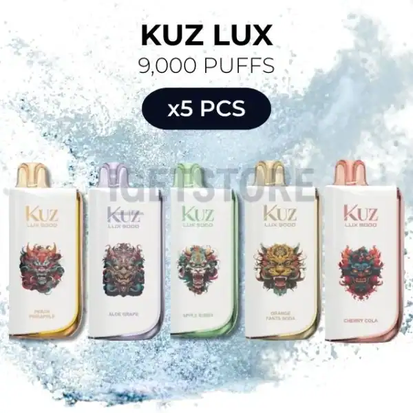 Kuz Lux vape pods 5-pack with 9,000 puffs, featuring colourful dragon designs for a stylish vaping e.