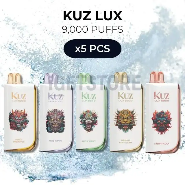 Kuz Lux vape pods 5-pack with 9,000 puffs, featuring colourful dragon designs for a stylish vaping e.