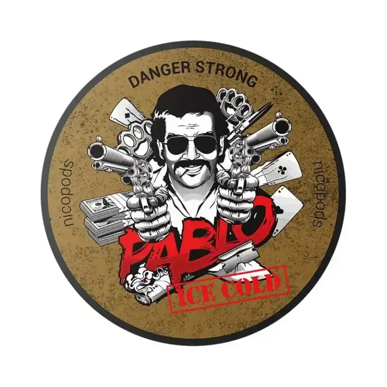 Pablo Ice Cold vape pod label featuring a cartoon character with guns, playing cards, and a bold "IC.