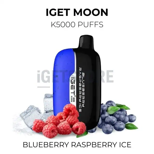 IGET Vapes Blueberry Raspberry Ice disposable vape device with berries and ice.