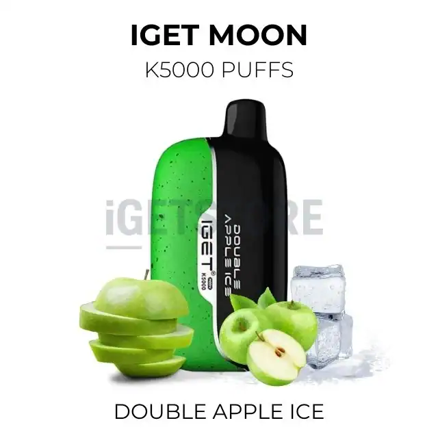 Vape device with double apple ice flavour, featuring fresh apples and ice cubes.