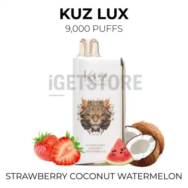 KUZ LUX vape with strawberry, coconut, and watermelon flavours, 9,000 puffs.