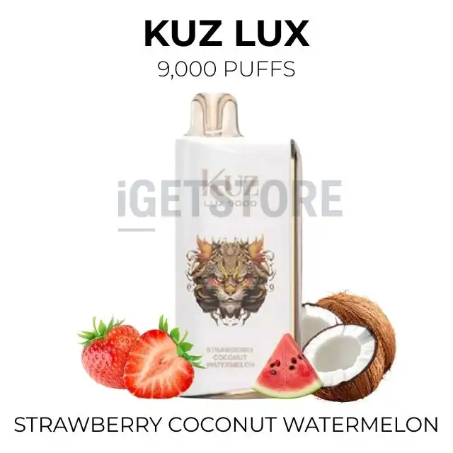 KUZ LUX vape with strawberry, coconut, and watermelon flavours, 9,000 puffs.
